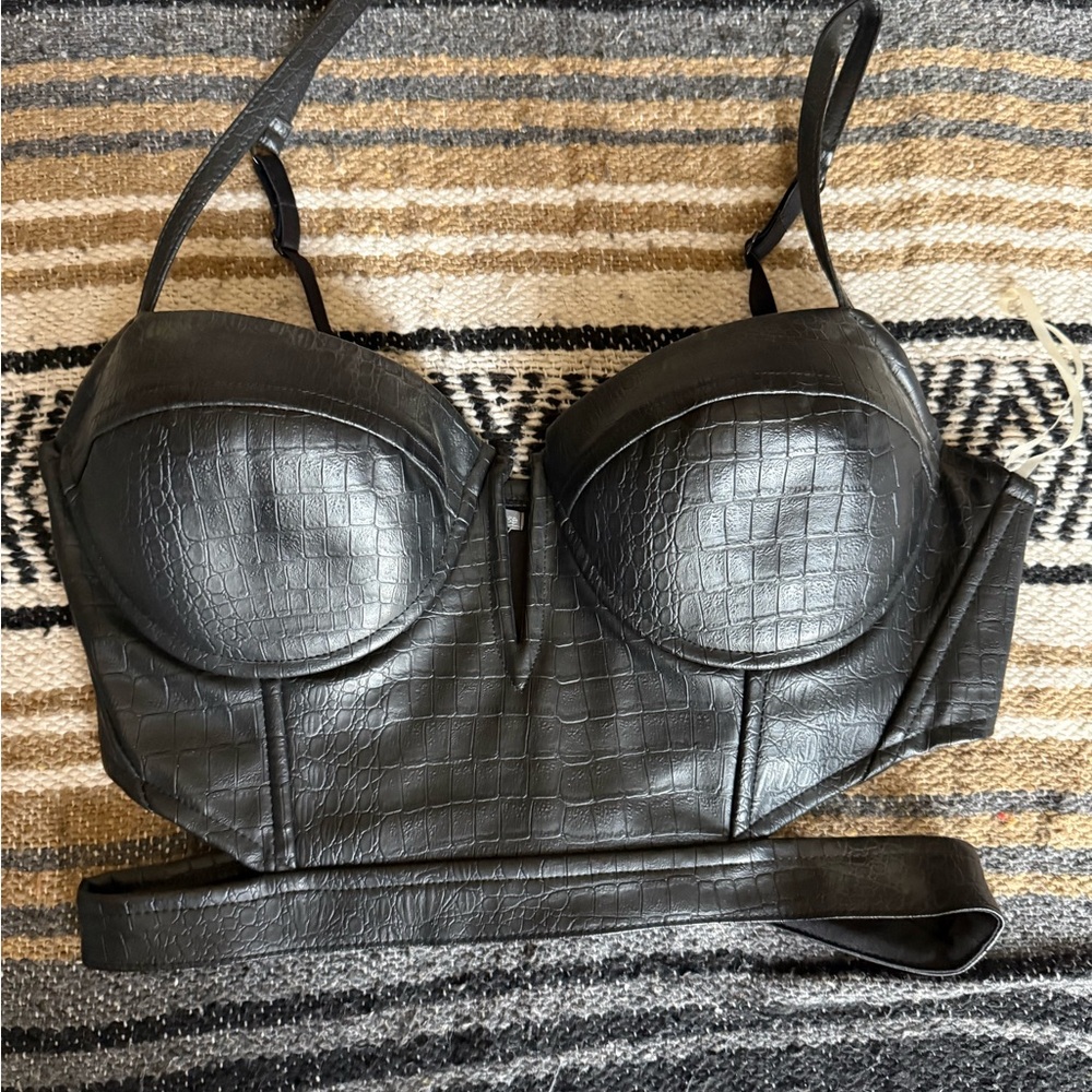 Charlotte Russe Black Faux Croc Bustier Crop Top